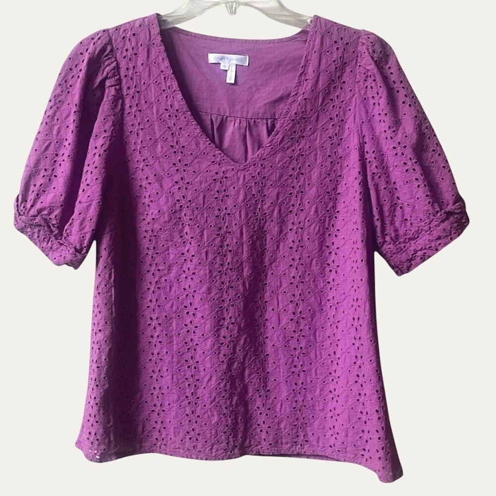 Draper James Womens Purple Eyelet Blouse Small V Neck Puff Sleeve Lined Cotton